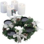 Adventskranz mit silberfarbenem Schmuck, inkl. LED-Kerzen in weiss