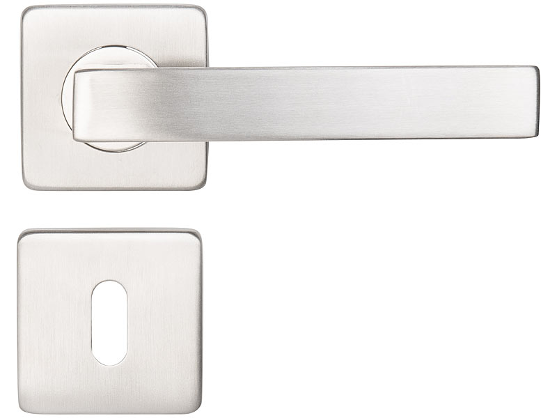 Edelstahl-Türbeschlag mit 2 Klinken & Rosetten, eckig, silbern