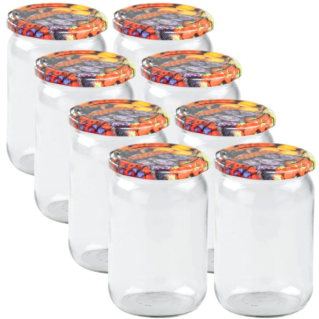 8er-Set Einmachgläser mit Schraubdeckel, Sturzgläser mit Früchte-Muster, je 720 ml