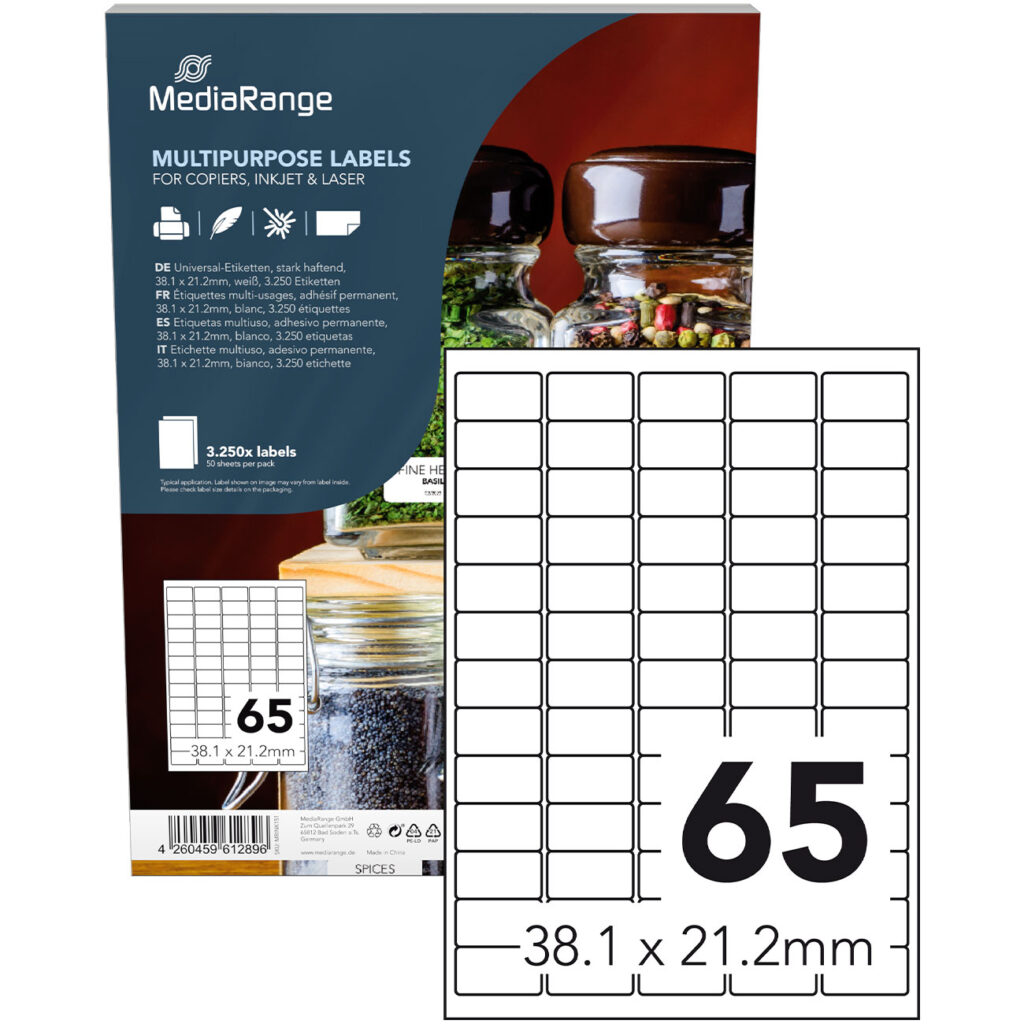 Universal-Klebe-Etiketten, stark haftend, 38.1 x 21.2 mm, 50 Blatt / 3250 Etiketten weiss