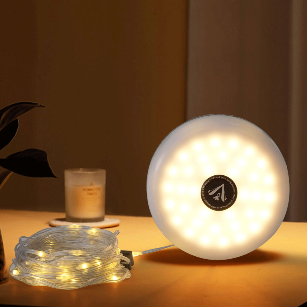 2in1 Campinglampe mit Lichterkette, 10m, aufrollbar, Akku, 5 Lichtmodi, IPX4