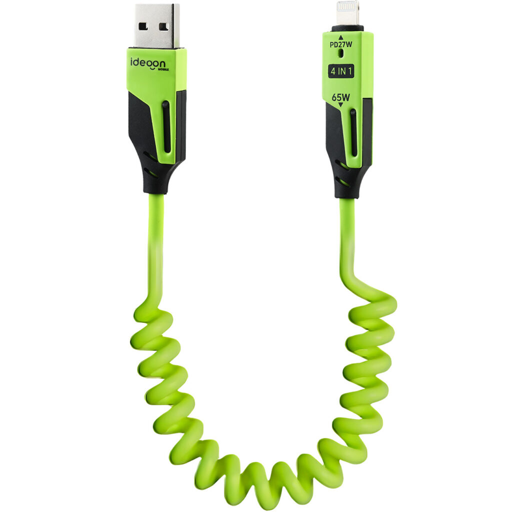 4in1 Spiral Ladekabel, USB-C & Lightning, grün, 65 W