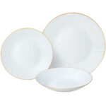 18-teiliges Geschirr-Set aus Glas, weiss mit Goldrand
