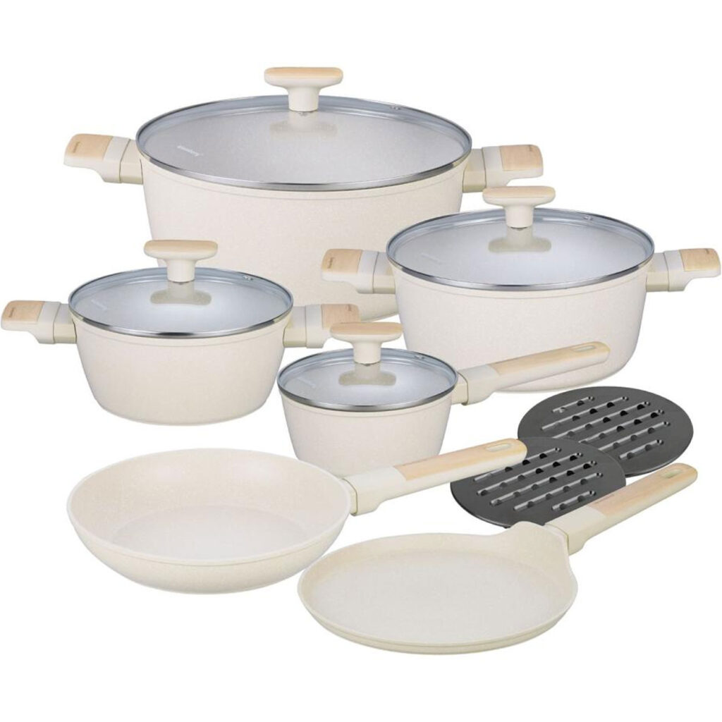 Kochset m. marmorierter Antihaftbeschichtung, 12-teilig, beige