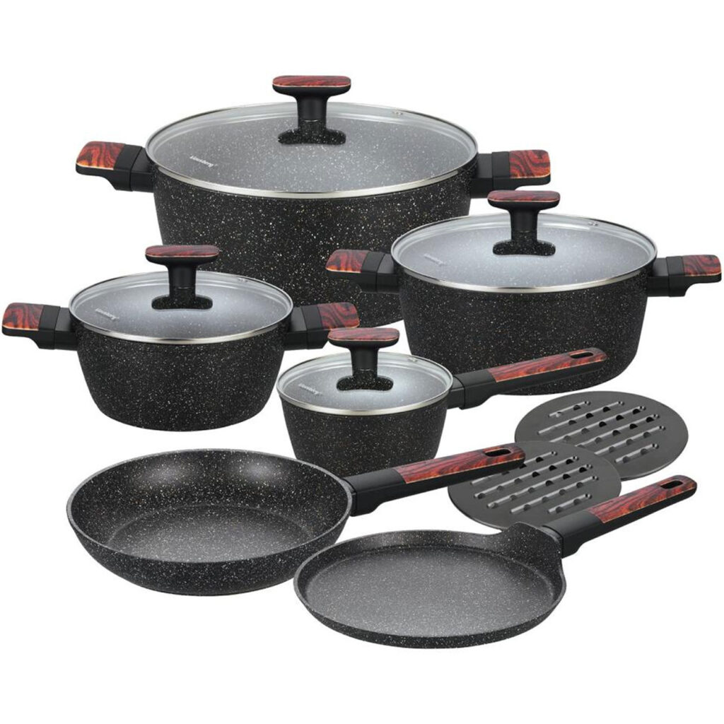 Kochset m. marmorierter Antihaftbeschichtung, 12-teilig, schwarz