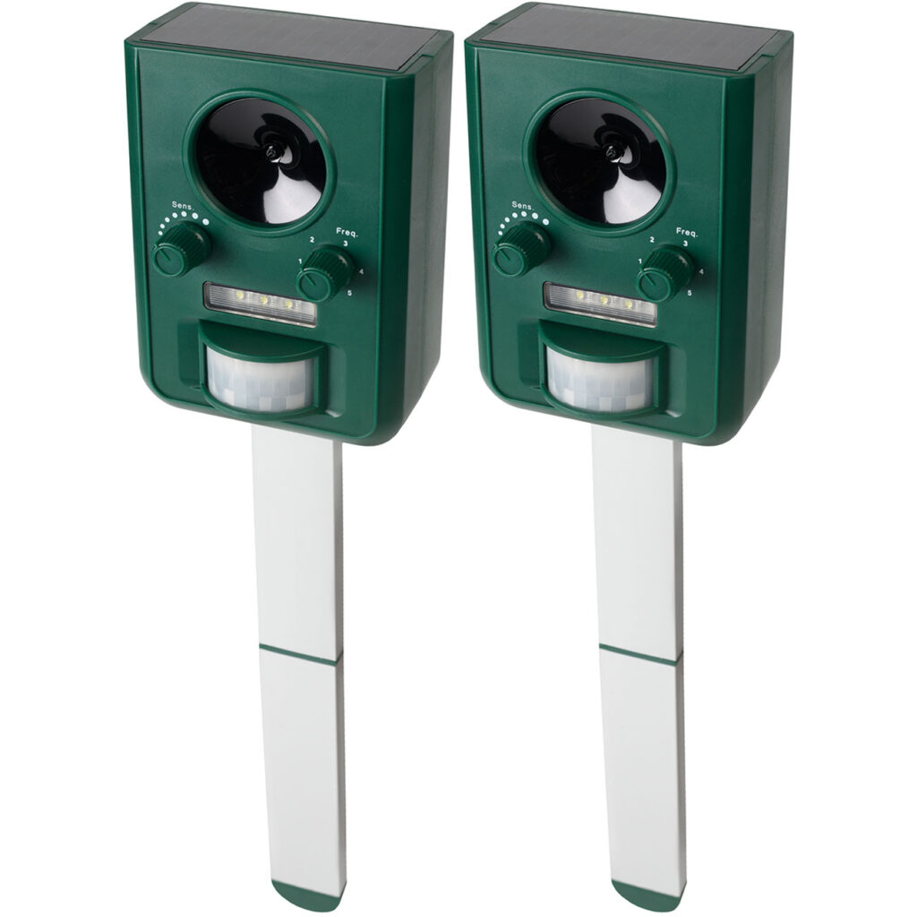 2er-Set Universal Solar Tiervertreiber mit Ultraschall und Blitzlicht, Reichweite 10m