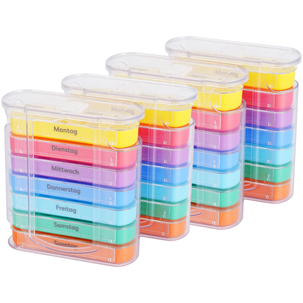 4er-Set bunte Medikamenten-Boxen für 7 Tage, je 4 Tabletten-Fächer, beschriftet