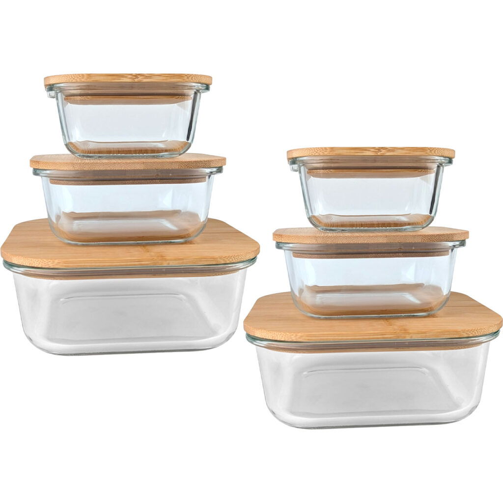 2er-Set Vorratsbehälter mit Deckel, quadratisch, Glas/Bambus,  3 Grössen
