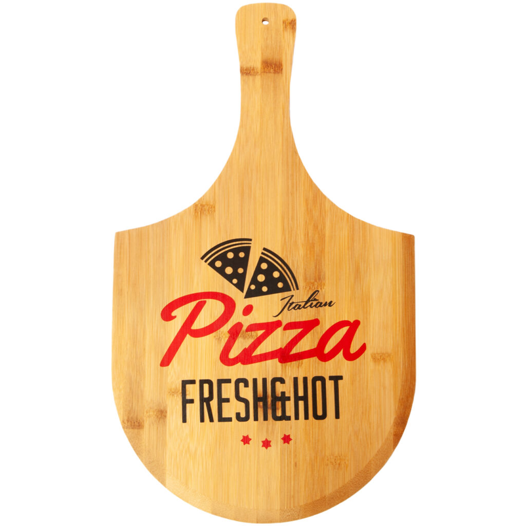Pizzabrett aus Bambus mit Aufdruck, Pizzateller, Pizzaschieber 53,5 x 30,5 cm