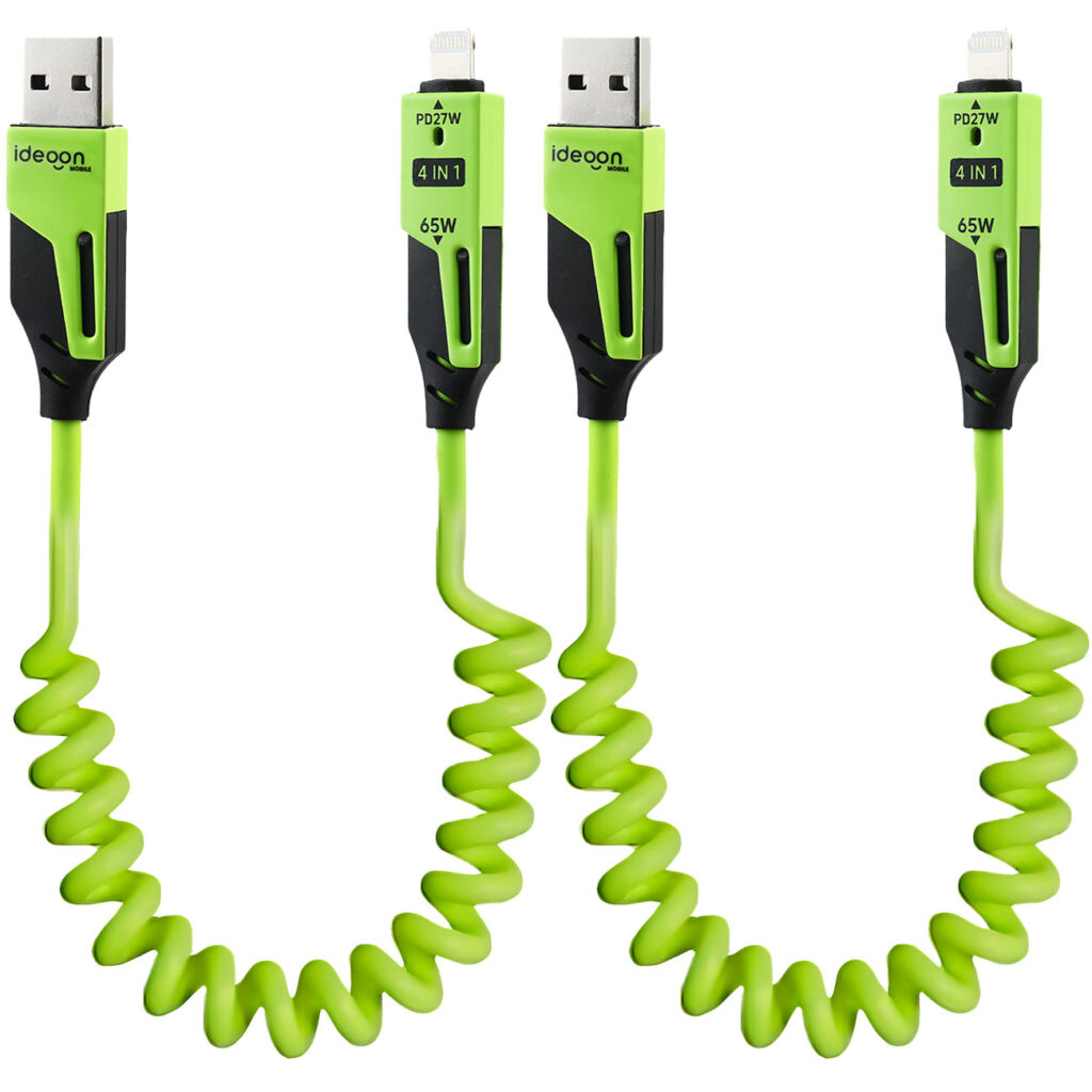 2er-Set 4in1 Spiral Ladekabel, USB-C & Lightning, grün, 65 W