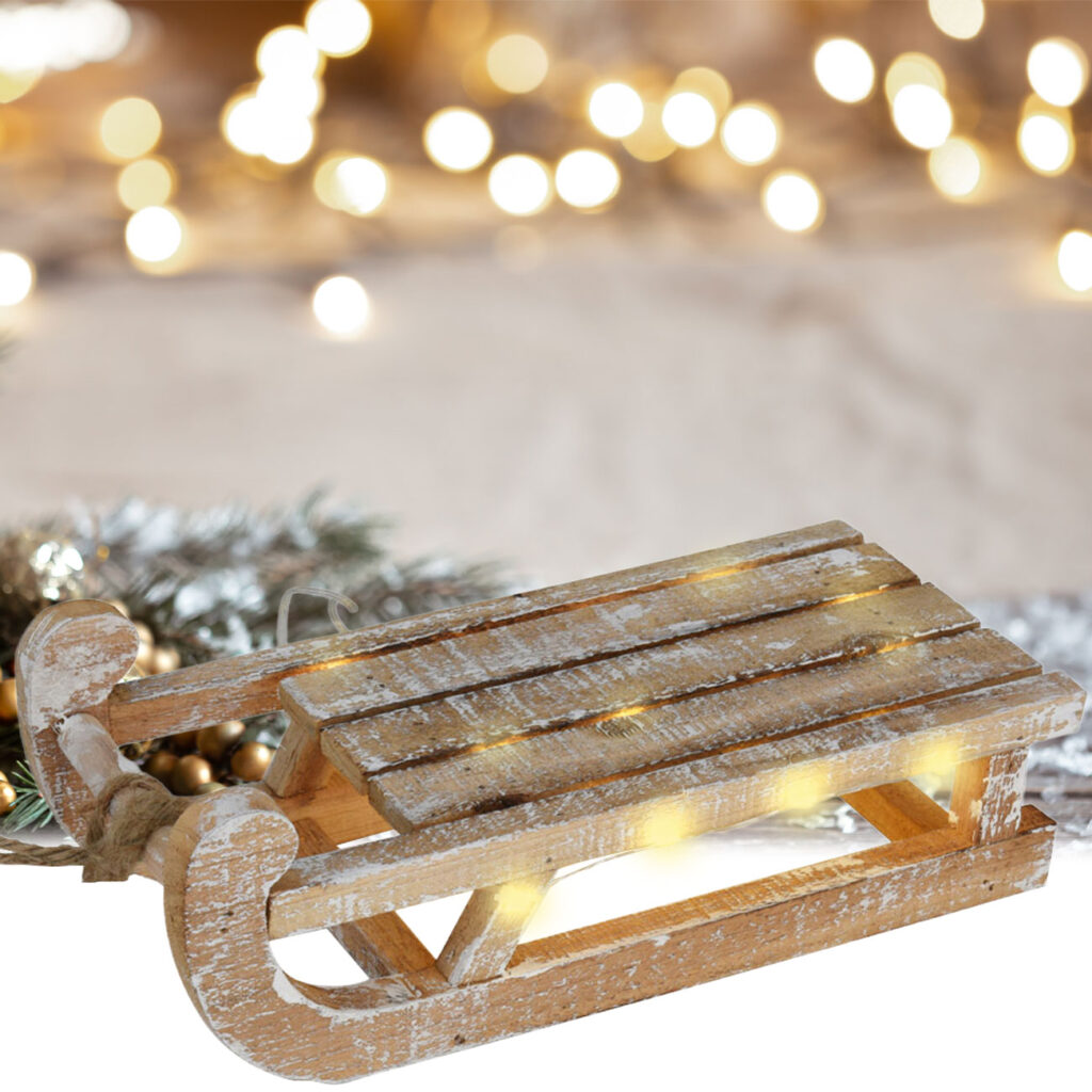 Dekorativer Leuchtschlitten aus Holz mit 25 warmweissen LEDs, 14 x 11 x 30 cm