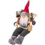 Weihnachtsmann sitzend mit Tasche und Skiern, 20 x 10 x 30 cm, grau/rot