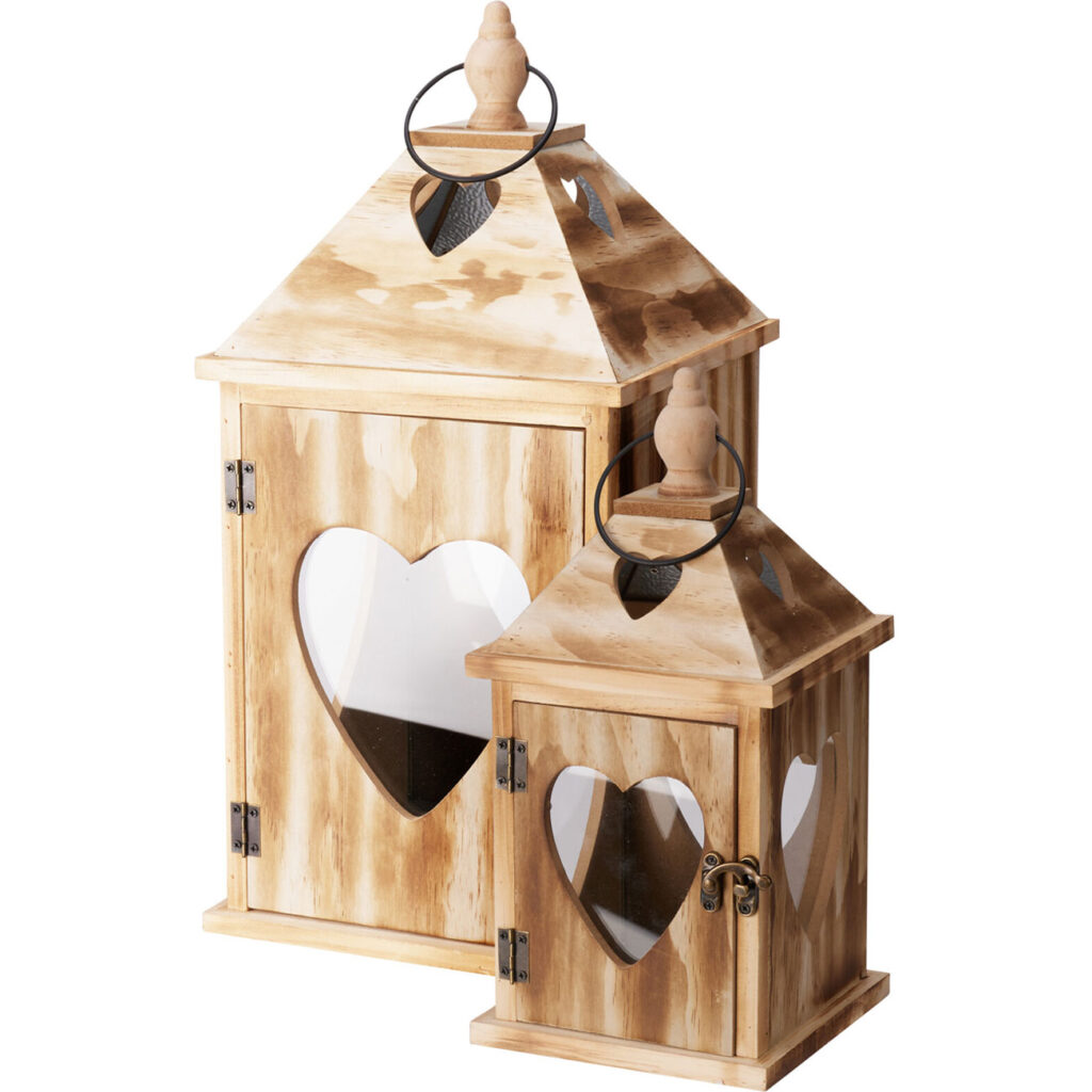 2er-Set Rustikale Laternen mit Herz – 2 Grössen, natur mit gebrannter Oberfläche