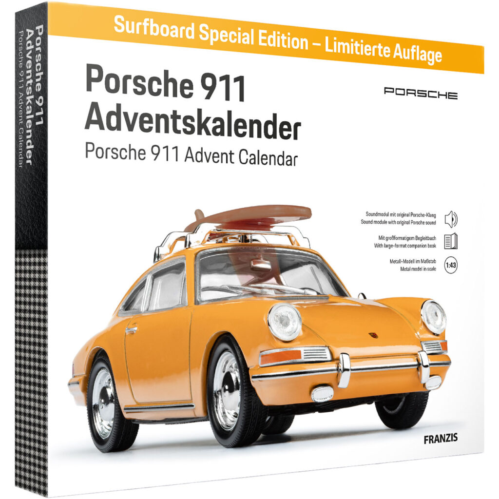 Porsche 911 Adventskalender Surfbrett Edition, Massstab 1:43, gelb