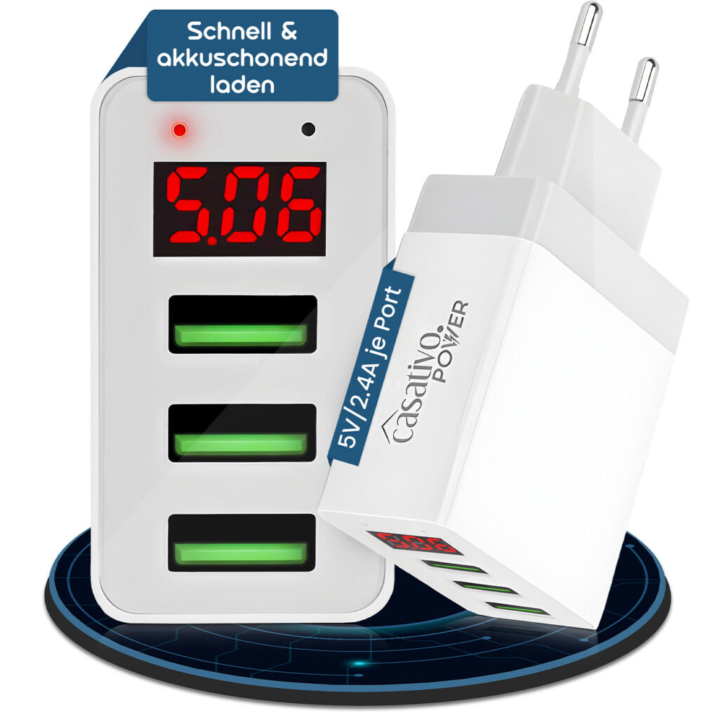 Multi-Port Ladegerät mit 3 USB-Ports & LED-Display, je 5 V / 2,4 A