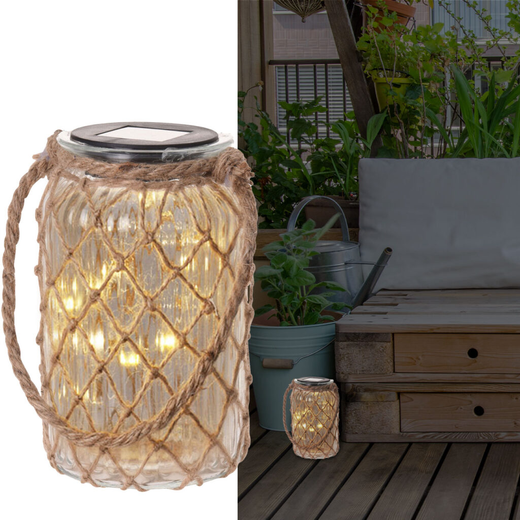 Solarlaterne aus Glas mit Juteschnurr und Aufhängung, Ø 11cm, Höhe 18,5 cm