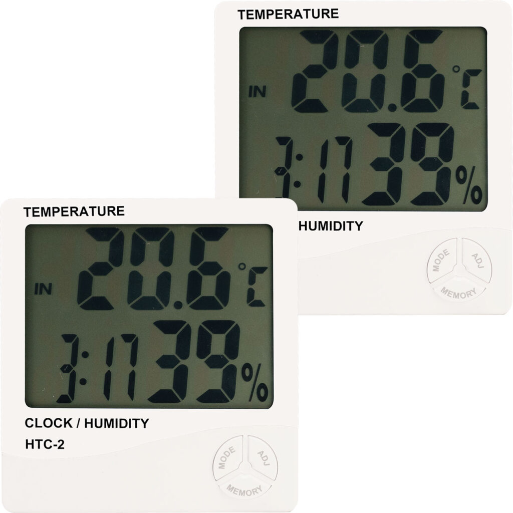 2er-Set Digitales Hygrometer und Thermometer mit Aussenfühler, Uhr und Wecker