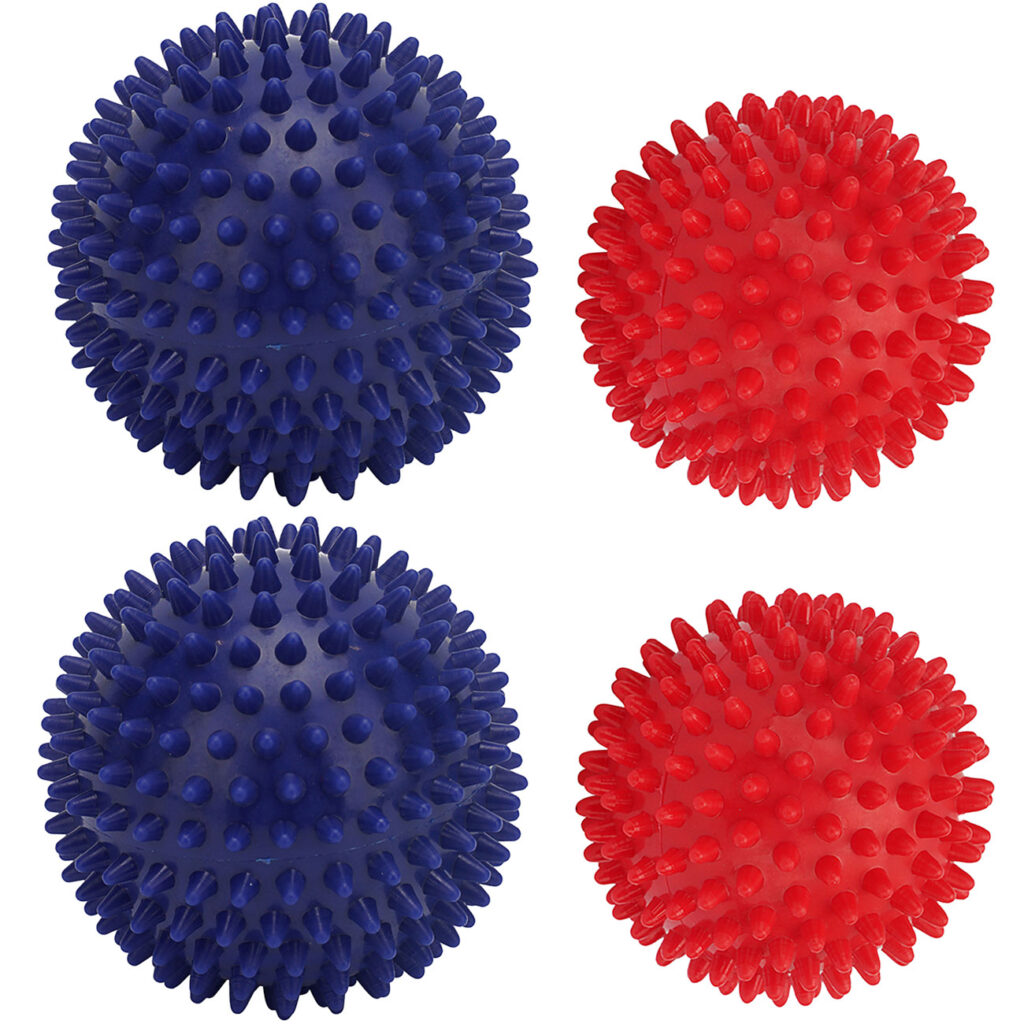 4 Massagebälle mit Noppen in 2 Grössen für Reflexzonenmassage, Ø 9 und 7,5 cm