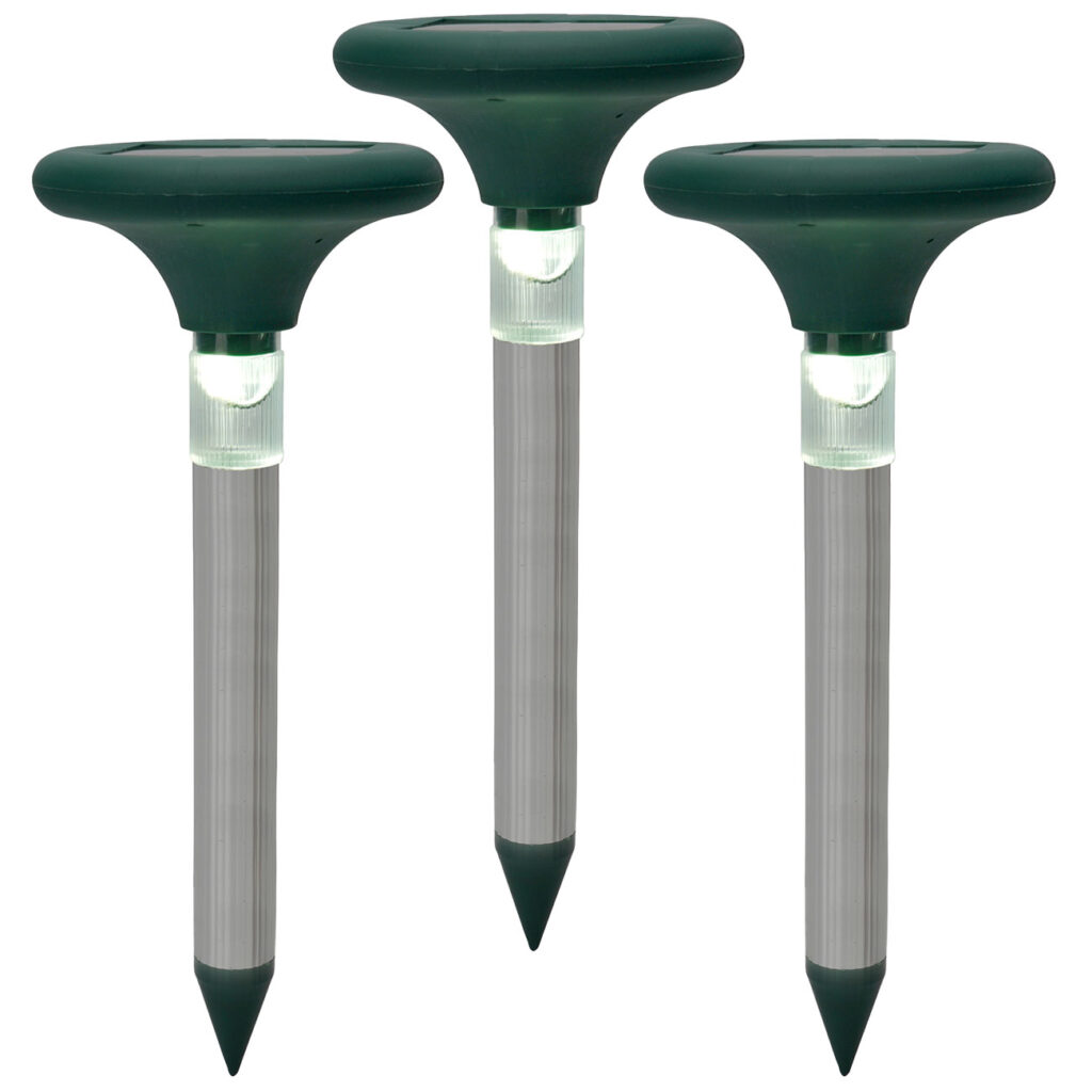 3er-Set Maulwurffrei mit Rasen- und Wegleuchte, solarbetrieben, 400 Hz