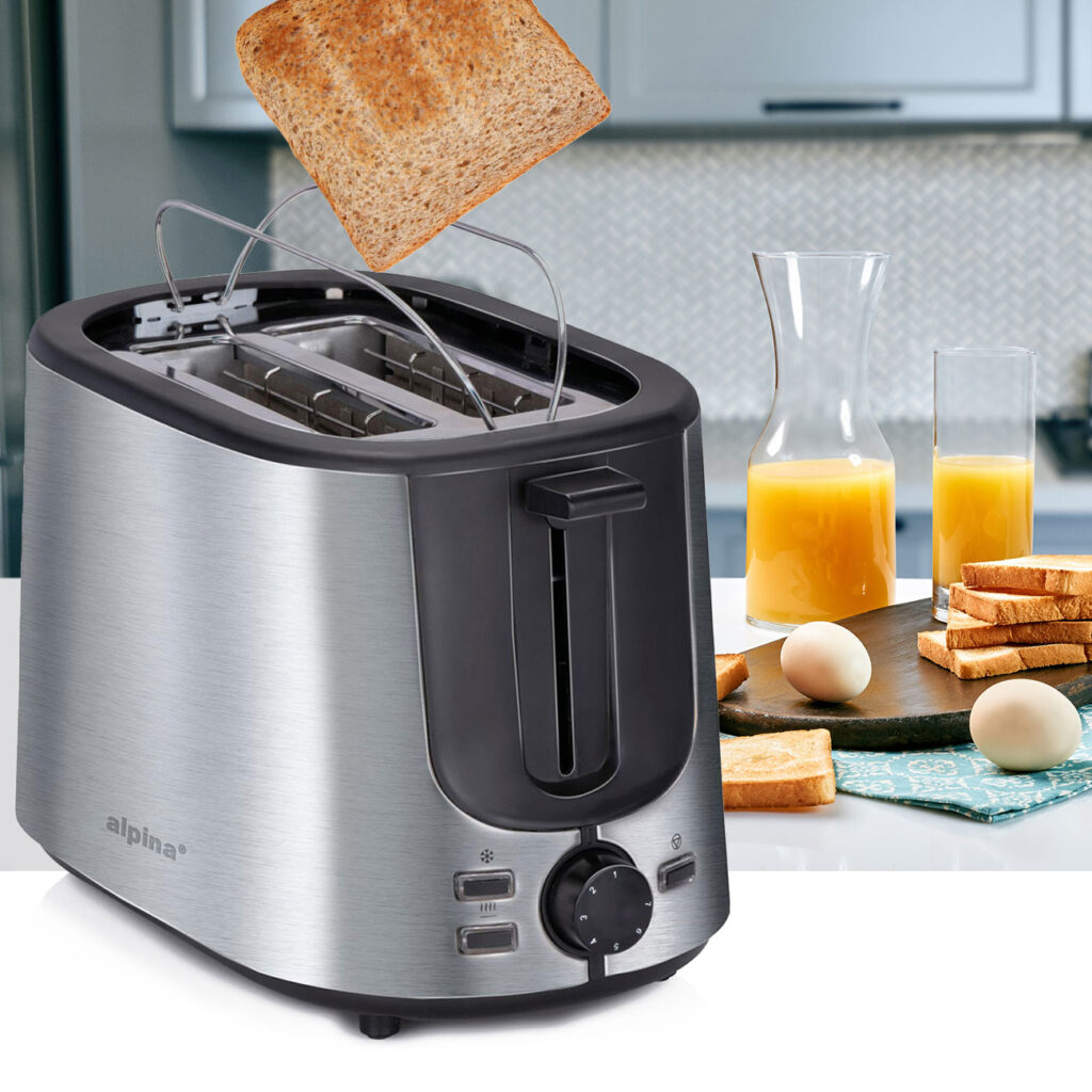 Edelstahl-Toaster für 2 Scheiben und Brötchenaufsatz, 1000 W
