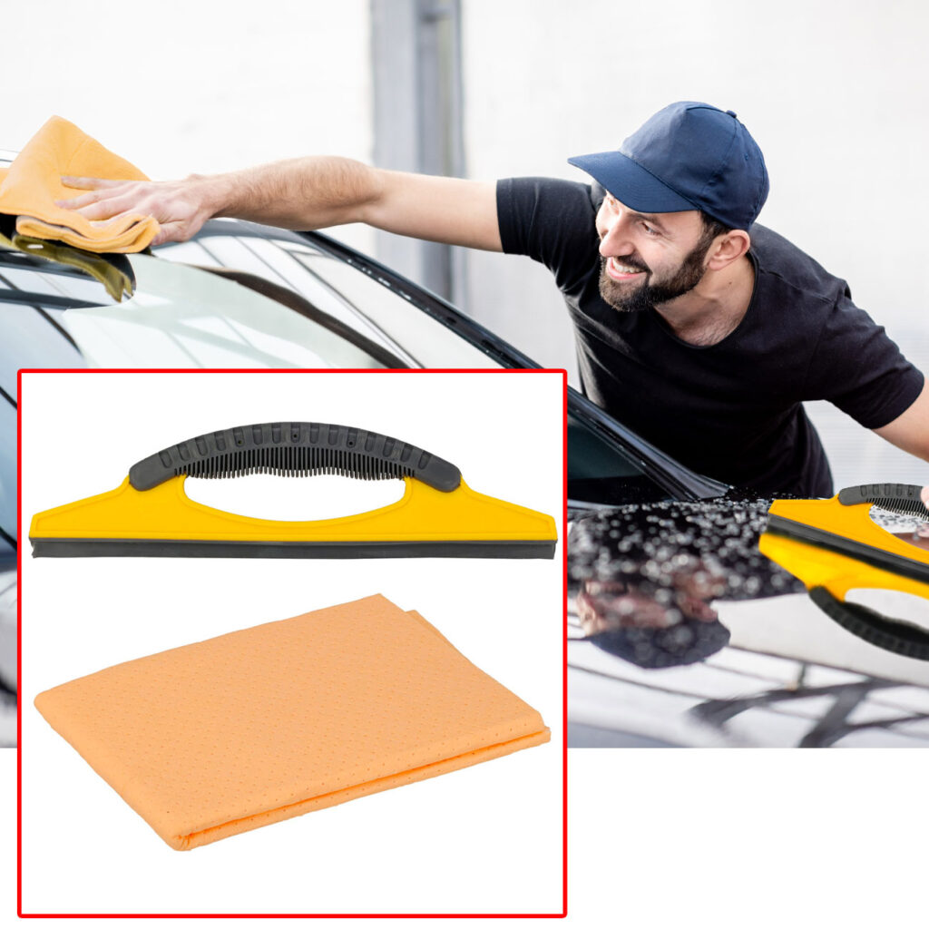 Kfz Reinigungsset, Fensterleder und Scheibenabzieher