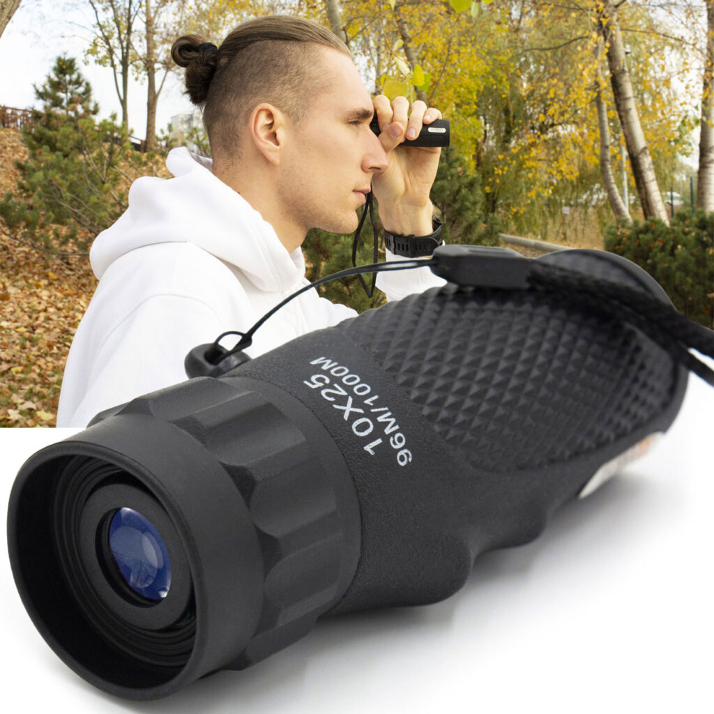 Monokulares Fernglas, 10-fache Vergrösserung, Okular, Gürteltasche und Trageriemen