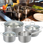 Kochgeschirr-Set, 7-tlg., rostfrei, induktionsgeeignet, silber mit abgerundeten Griffen Kochgeschirr-Set, 7-tlg., rostfrei, induktionsgeeignet, silber mit abgerundeten Griffen