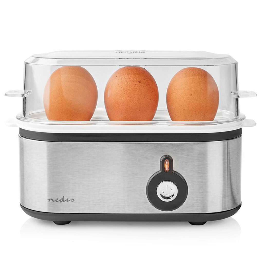 Edelstahl Eierkocher für 3 Eier, Härtegrad-Einstellung, Messbecher, 210 W
