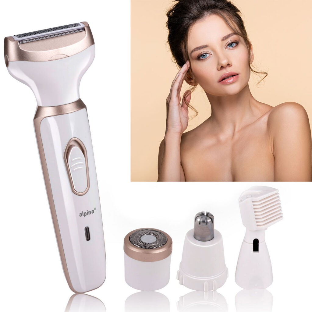 Elektrischer Rasierer für Frauen, mit 4 Aufsätzen für unterschiedliche Körperregionen