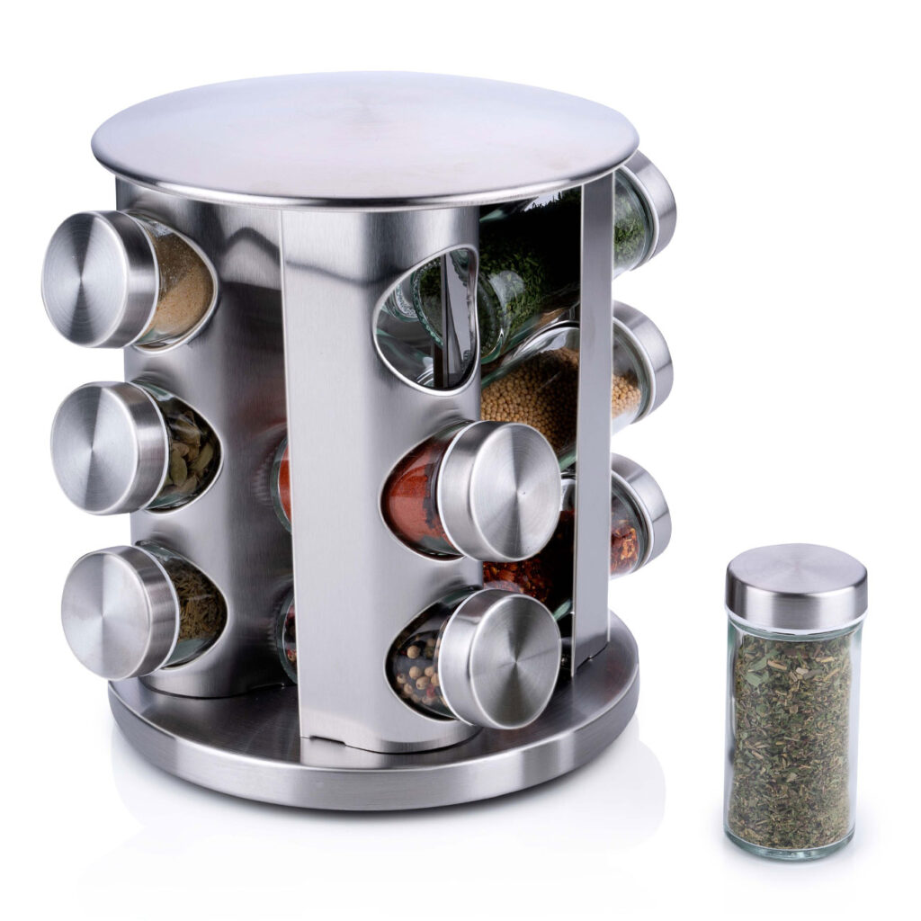Drehendes Gewürzregal aus Edelstahl, inkl. 12 Gewürzgläser aus Glas