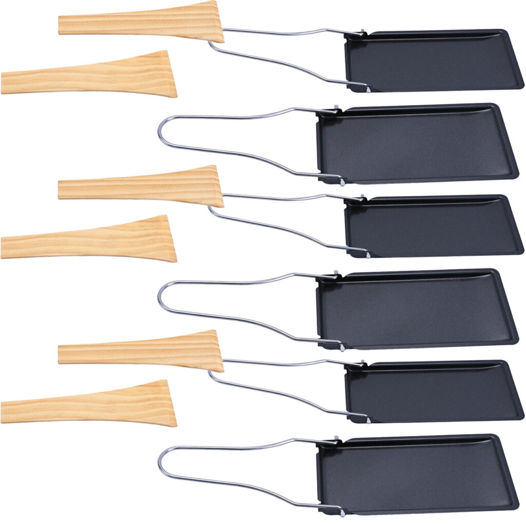 6er-Set Grillpfännchen mit klappbarem Griff und Holzspatel, Raclette