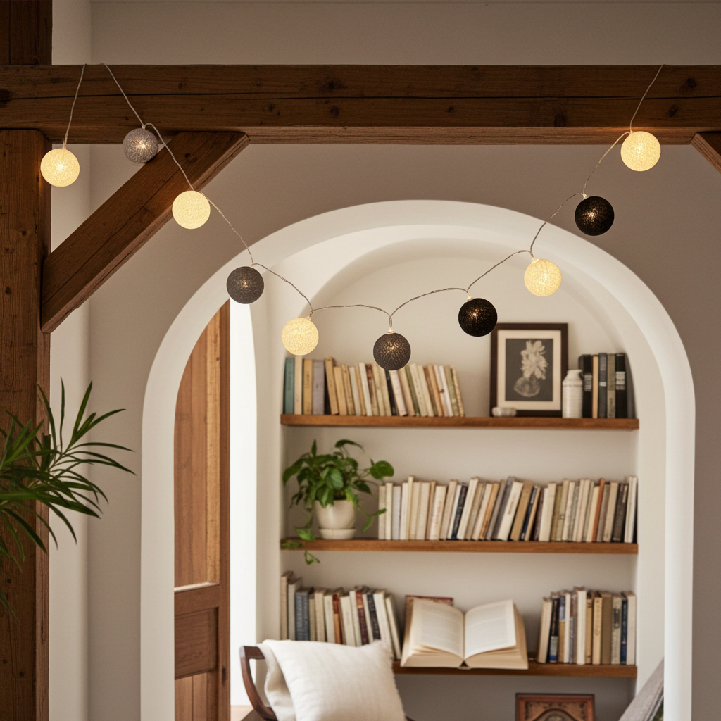 Lichterkette mit 10 Baumwoll-Lampions, weiss-grau-schwarz, Girlande, Ø 6cm