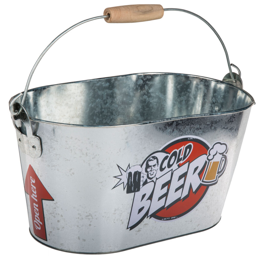 Biereimer mit Henkel & Holzgriff, inkl. Flaschenöffner, Bierkühler