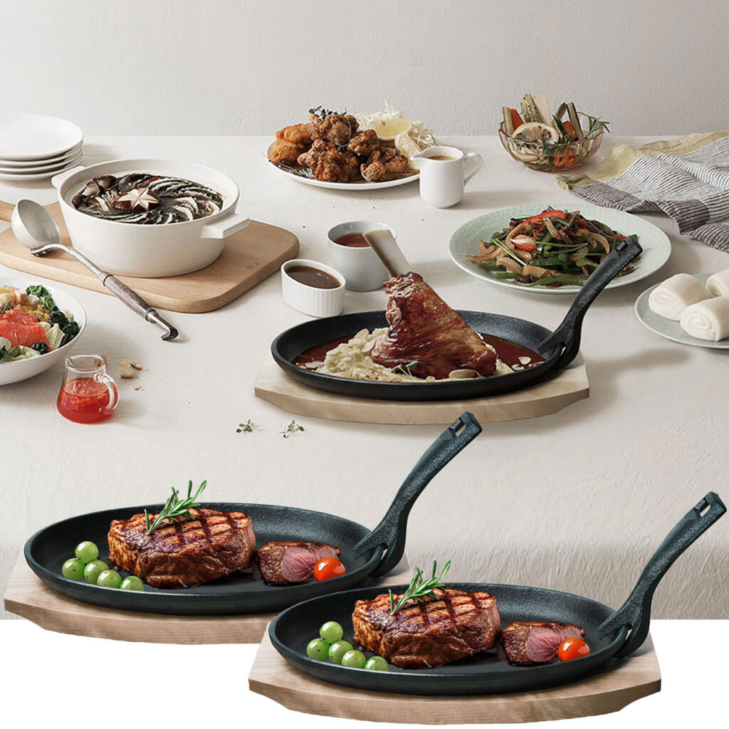 2er-Set Profi Servierpfanne aus Gusseisen mit Holz-Untersetzer, 24 x 14 x 2,2 cm