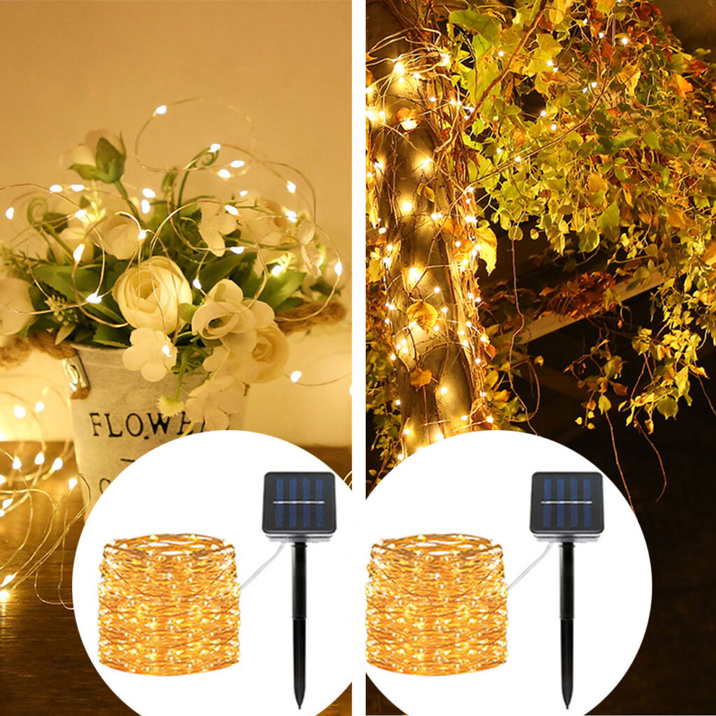 2er-Set Kupferdraht Lichterkette, solarbetrieben, 22 m, 200 warmweisse LEDs, IP44