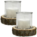 2er-Set Kerzenglas auf Holzsockel, Windlicht Natur, weiss, Ø 13 x 13 cm, Ø 18 x 4 cm