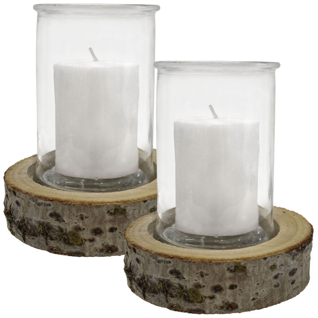 2er Set Kerzenglas auf Holzsockel, Windlicht Natur, weiss, Ø 10 x 13,5 cm, Ø 15 x 4 cm