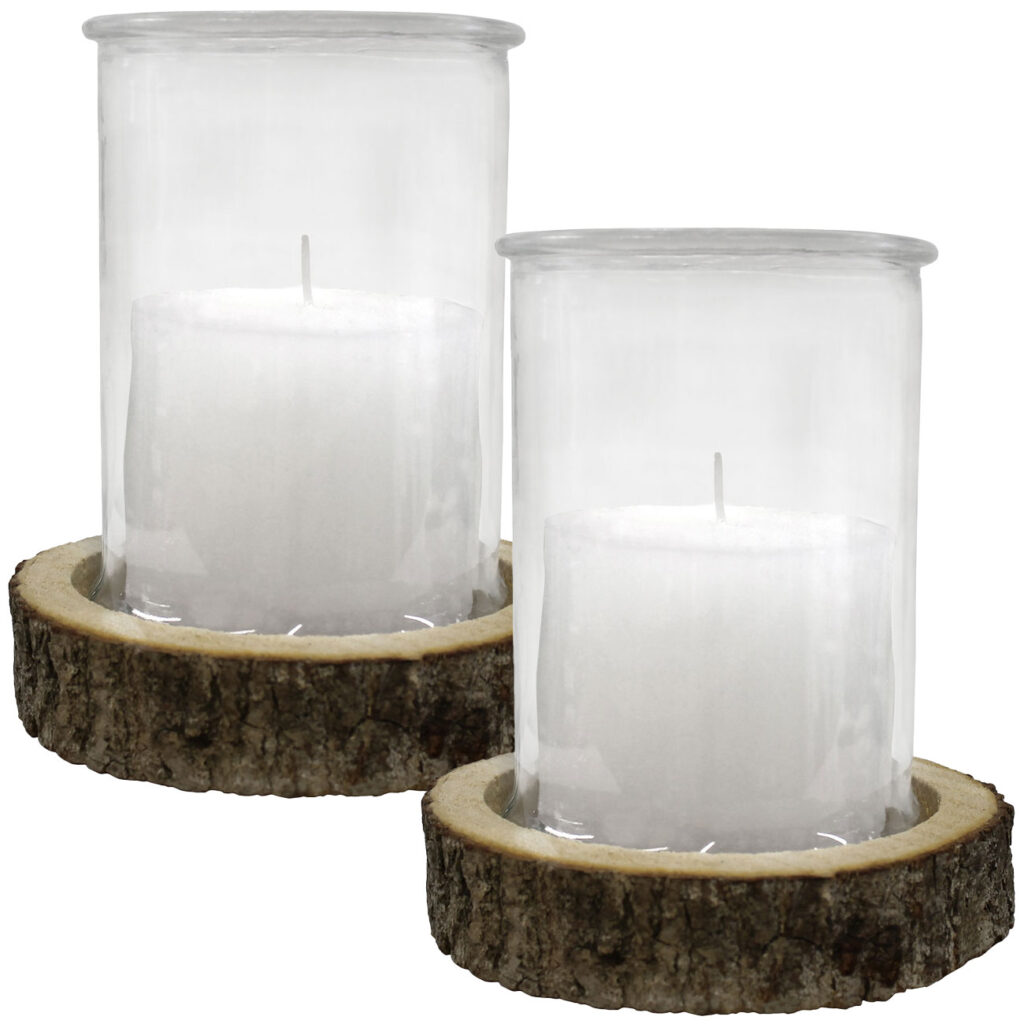 2er-Set Kerzenglas auf Holzsockel, Windlicht Natur, weiss, braun, Ø 15 x 21 cm, Ø 21 x 4cm