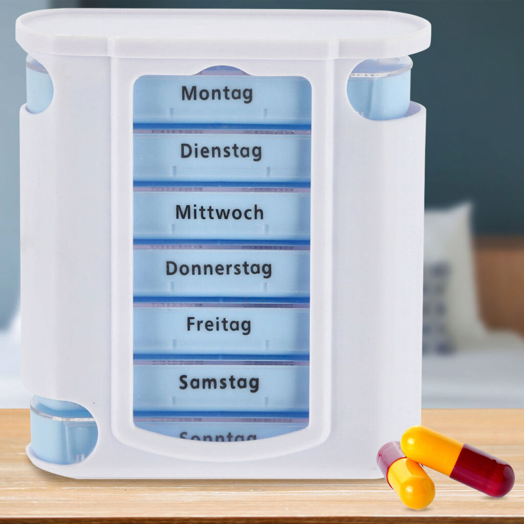 Pillenbox für 7 Tage, weiss/blau, Medikamentendose