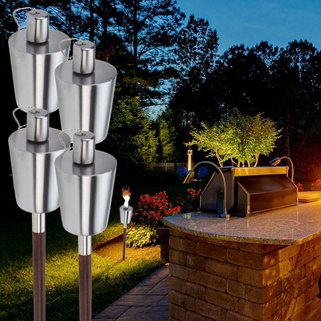 4er-Set Öl-Gartenfackel mit Stab aus Buchenholz, 110 cm