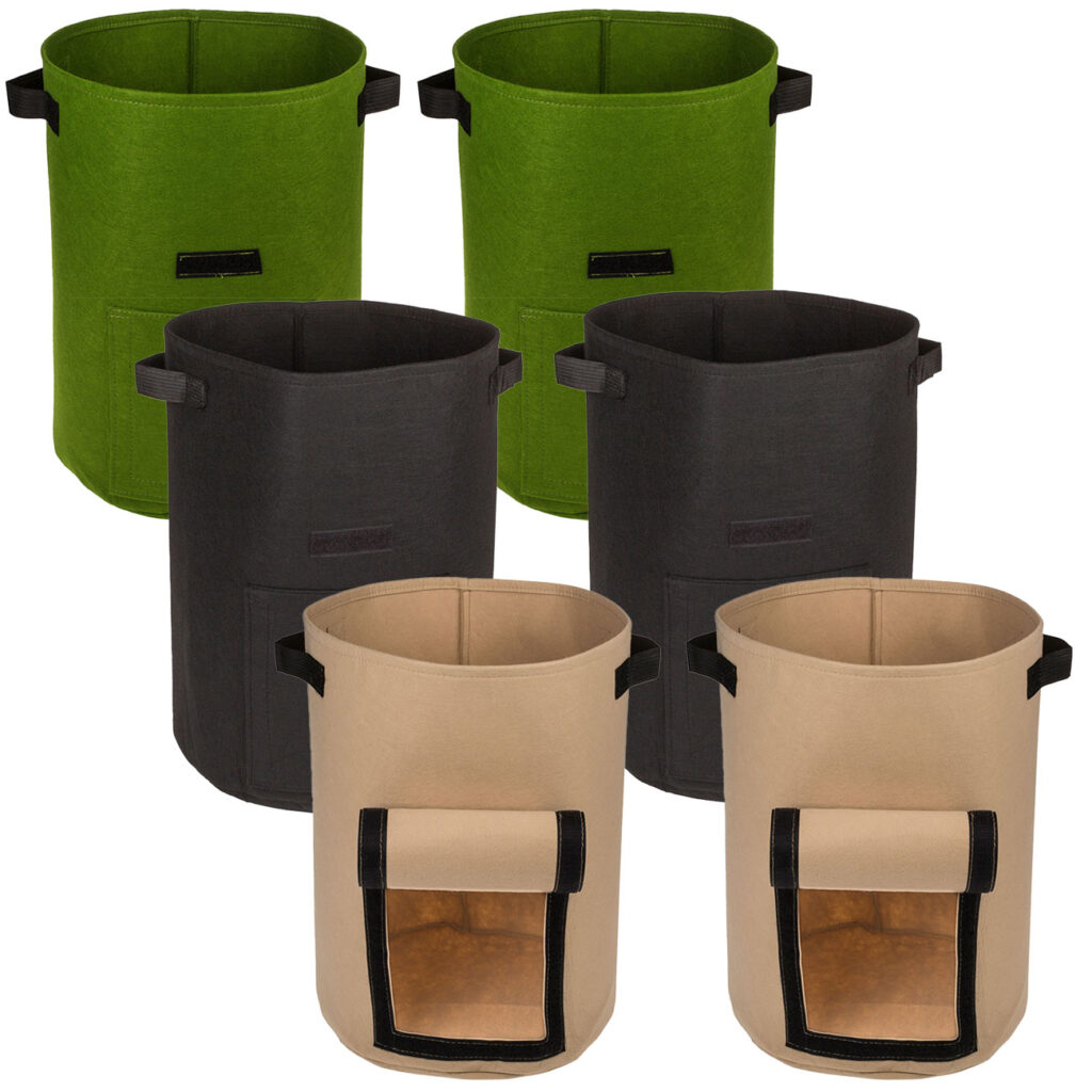 6er-Set Pflanzsäcke mit Erntefenster, Filz, 43 Liter, 35 x 45cm, schwarz, grün & beige