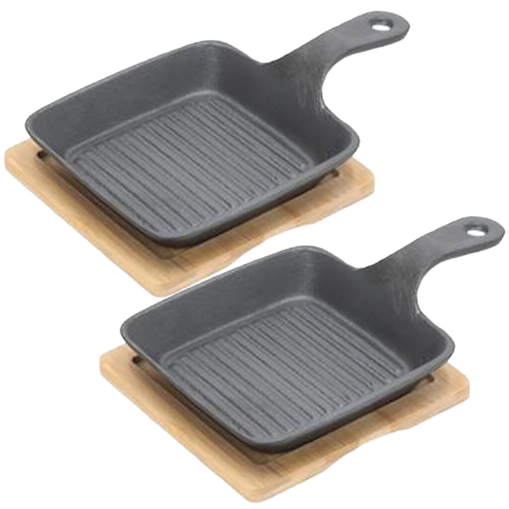 2er-Set Quadratische Servierpfanne aus Gusseisen mit Bambusbrett, Ø 15cm