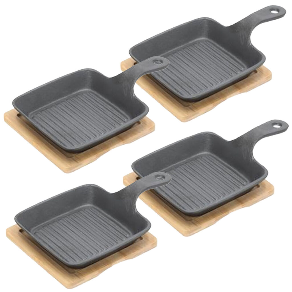 4er-Set Quadratische Servierpfanne aus Gusseisen mit Bambusbrett, Ø 15 cm