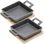 2er-Set Quadratische Servierpfanne aus Gusseisen, 2 Henkel und Bambusbrett, Ø 13 cm