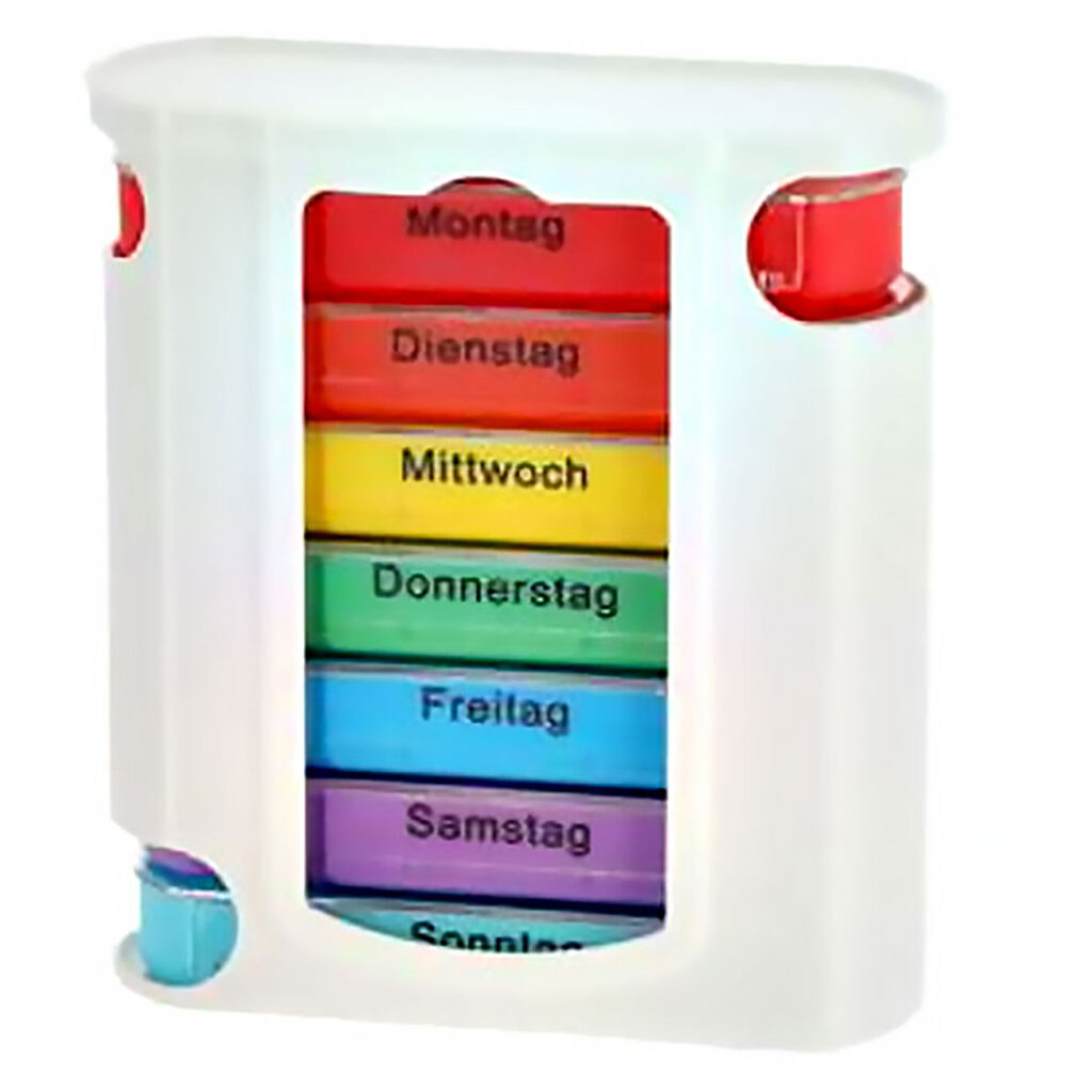 Medikamenten-Boxen, 7 Tage, bunt, je 4 Fächer Medikamenten-Boxen, 7 Tage, bunt, je 4 Fächer