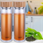 2er-Set Isolierflasche mit integriertem Teesieb, Bambusdeckel, Borosilikatglas, 450ml