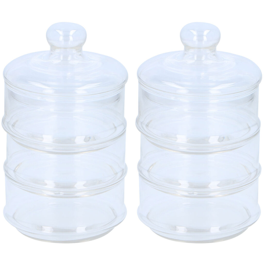 2er-Set Glasbehälter mit drei Ebenen, inkl. Deckel, 12cm Ø, 23 cm hoch