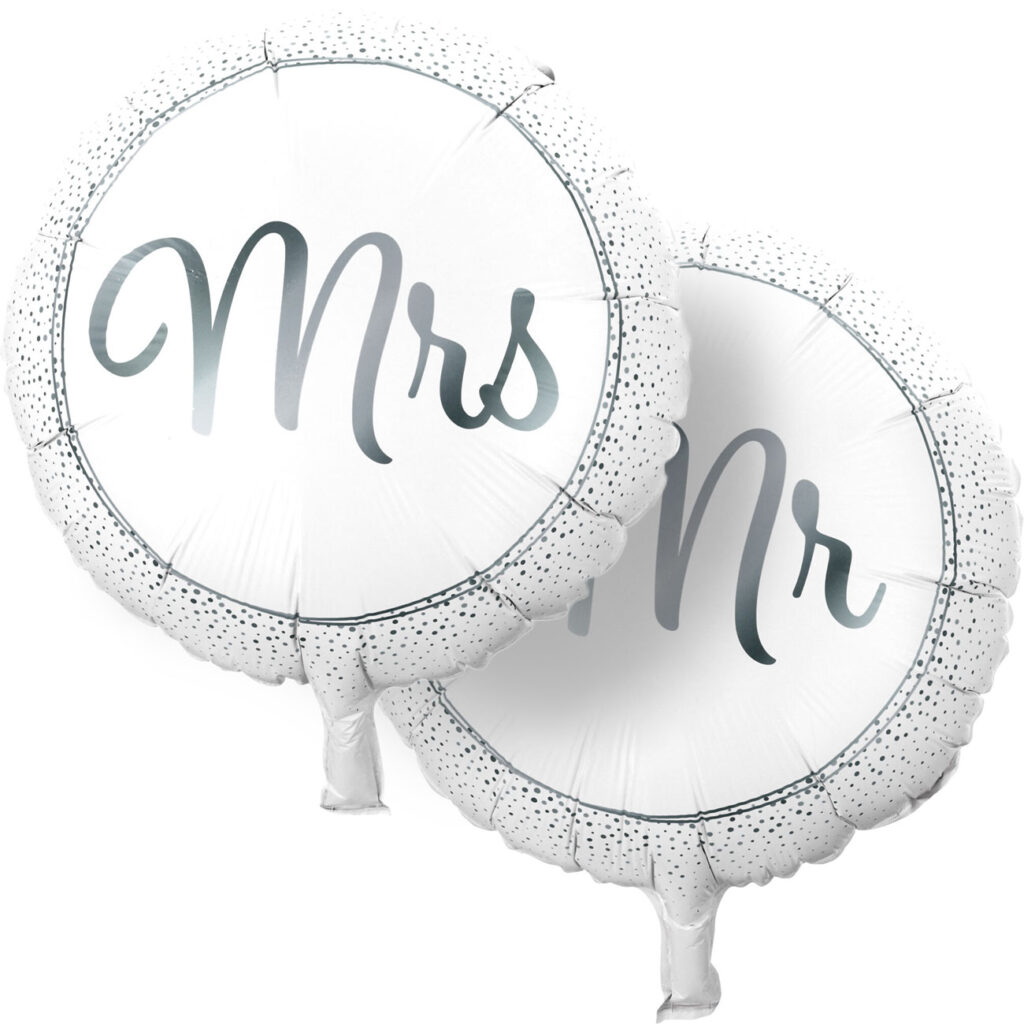 Luftballons „Mr & Mrs“, 2 Stück, silber/weiss, Ø 46 cm