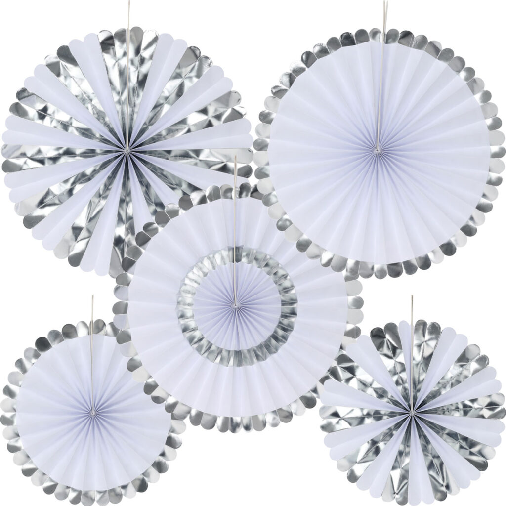 Deko-Fächer aus Papier, 5 Stück, silber und weiss Deko-Fächer aus Papier, 5 Stück, silber und weiss