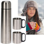 Isolierkanne aus Edelstahl 1 l, mit 2 doppelwandigen Thermobechern, je 180 ml Isolierkanne aus Edelstahl 1 l, mit 2 doppelwandigen Thermobechern, je 180 ml